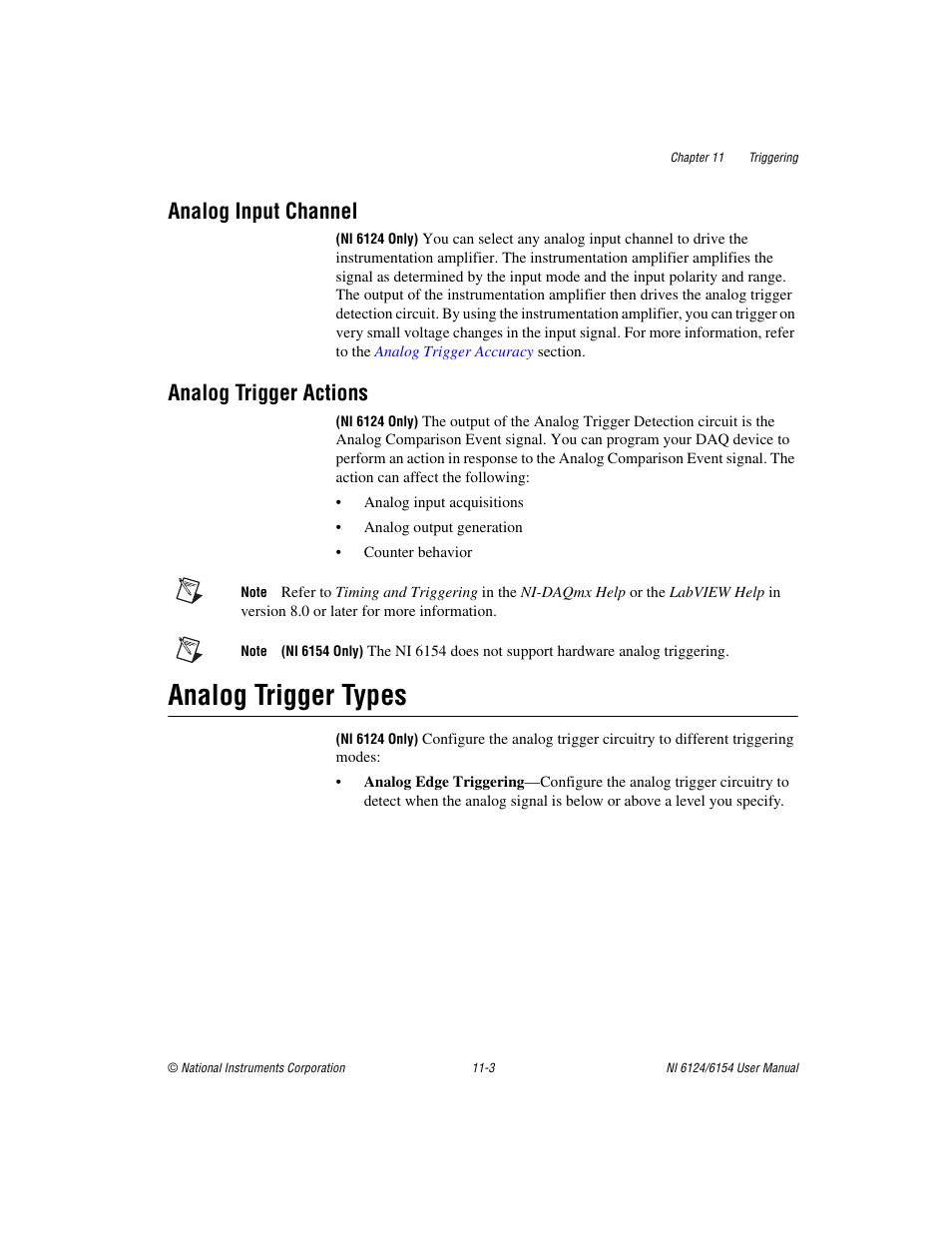Analog input channel, Analog trigger actions, Analog trigger types | Analog input channel -3 analog trigger actions -3, Analog trigger types -3 | National Instruments Network Device DAQ S User Manual | Page 135 / 173