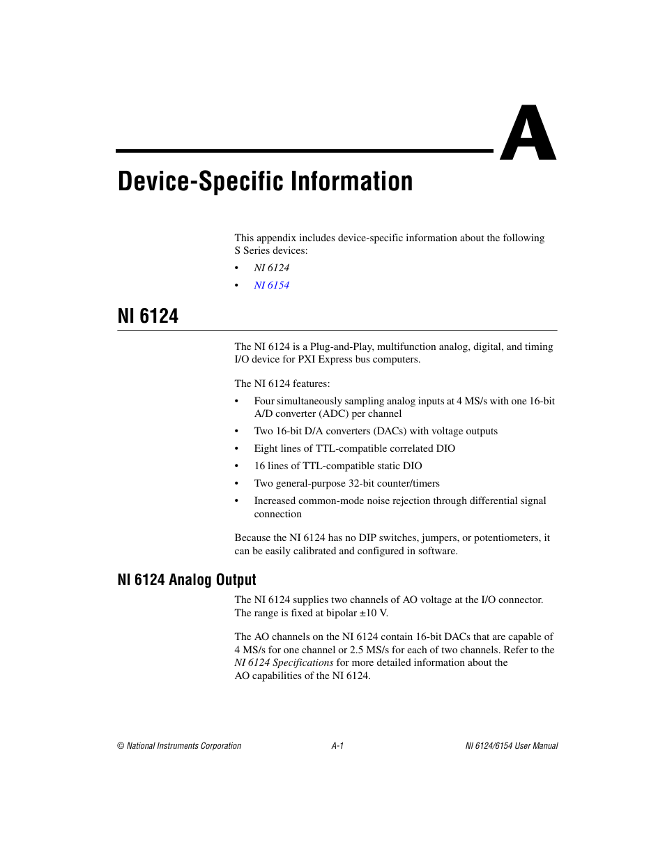 Appendix a device-specific information, Device-specific information, For the | Device-specific, Information, Ni 6124 | National Instruments Network Device DAQ S User Manual | Page 139 / 173
