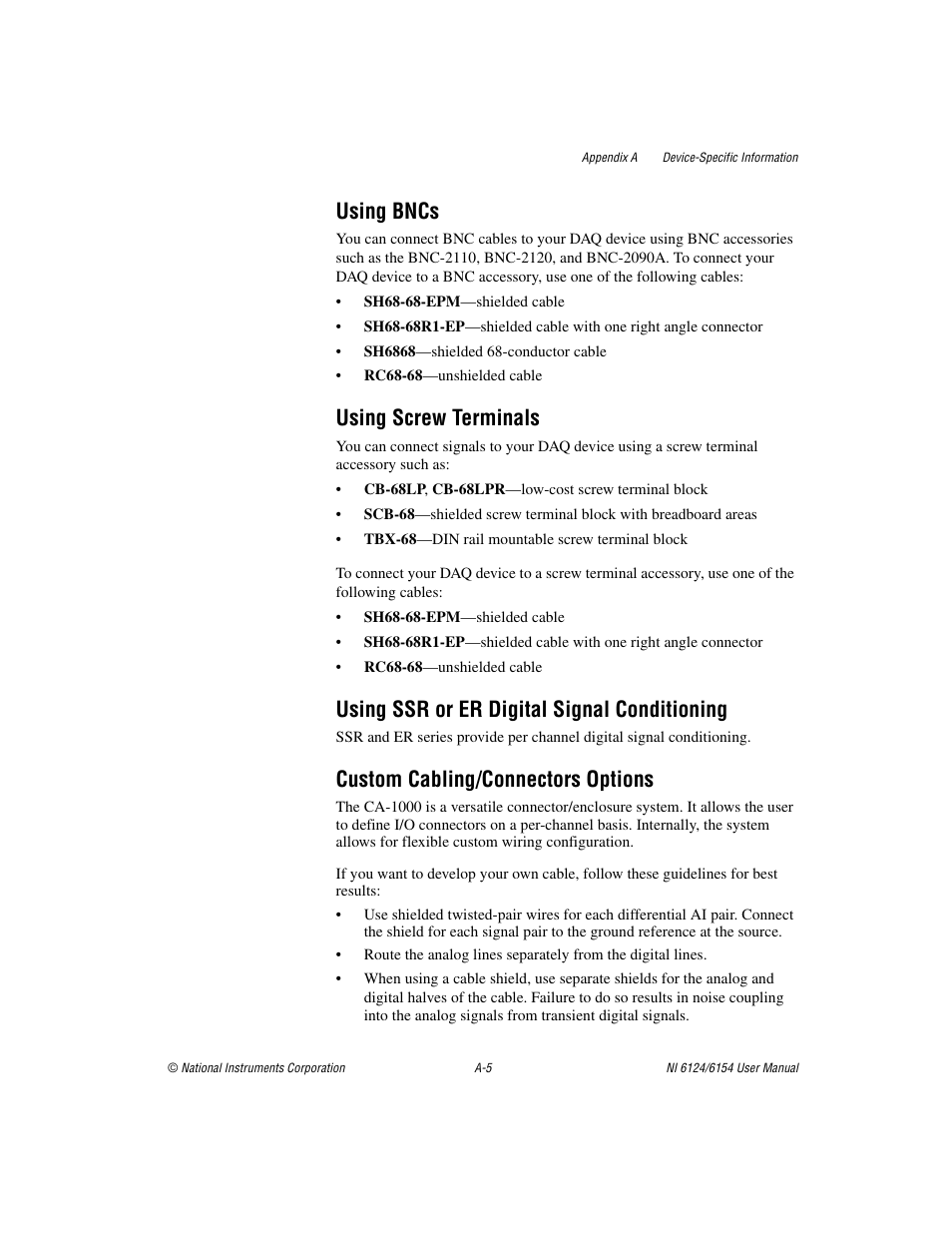 Using bncs, Using screw terminals, Using ssr or er digital signal conditioning | Custom cabling/connectors options | National Instruments Network Device DAQ S User Manual | Page 143 / 173