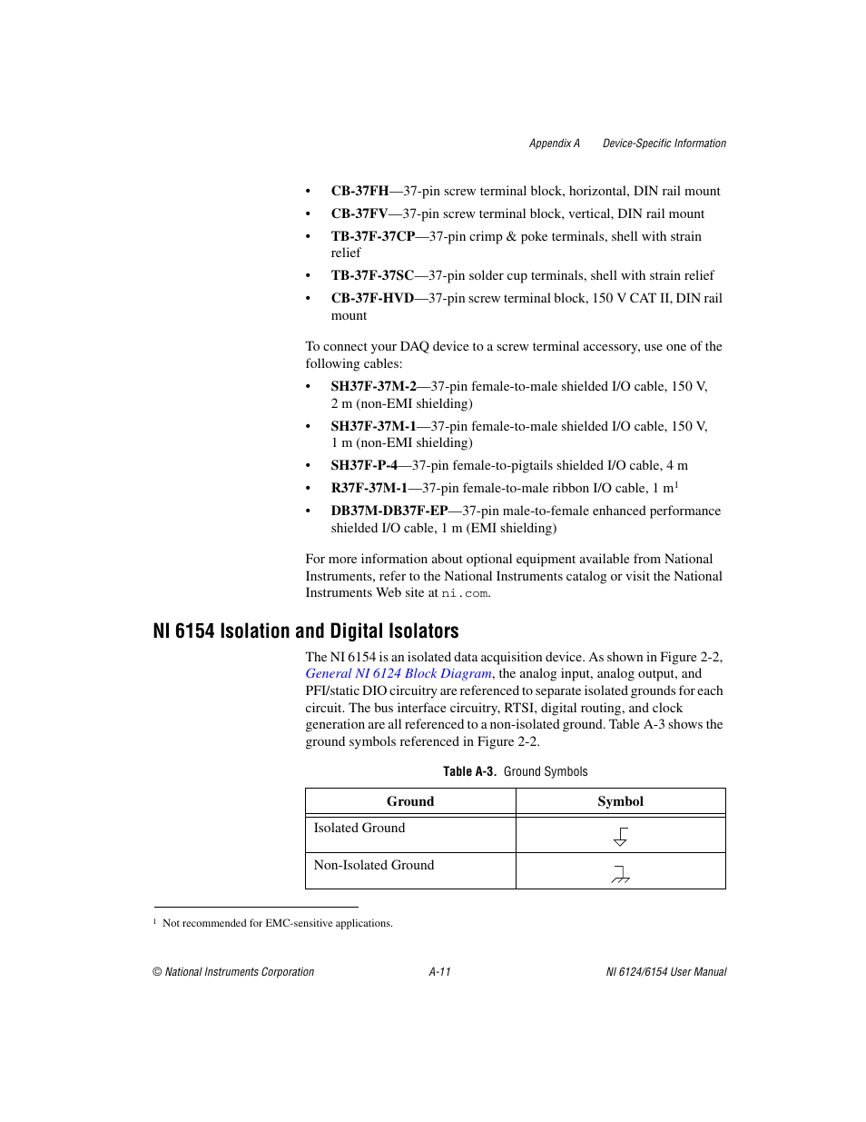 Table a-3. ground symbols, Ni 6154, Isolation and digital isolators | Ni 6154 isolation and digital isolators | National Instruments Network Device DAQ S User Manual | Page 149 / 173
