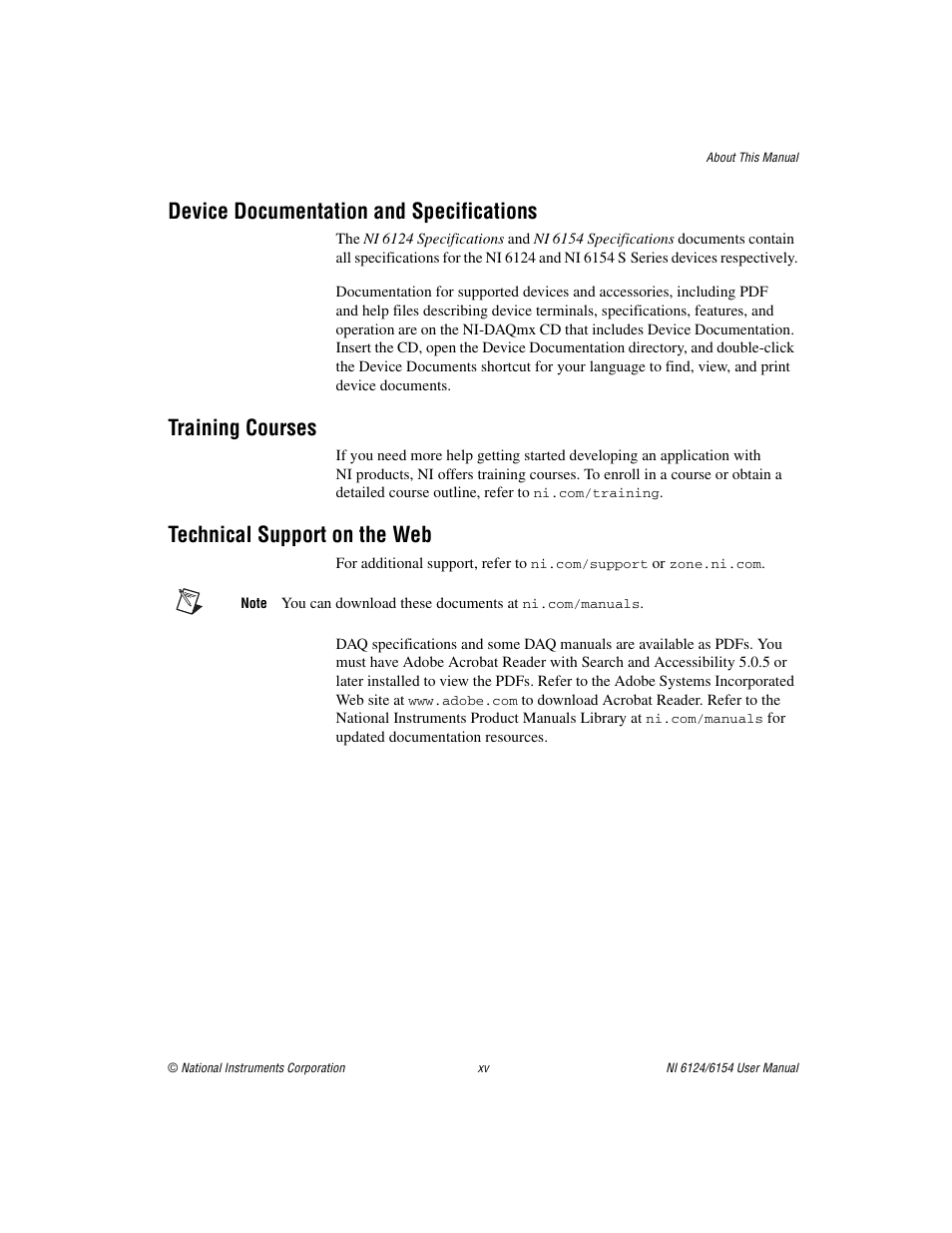 Device documentation and specifications, Training courses, Technical support on the web | National Instruments Network Device DAQ S User Manual | Page 15 / 173