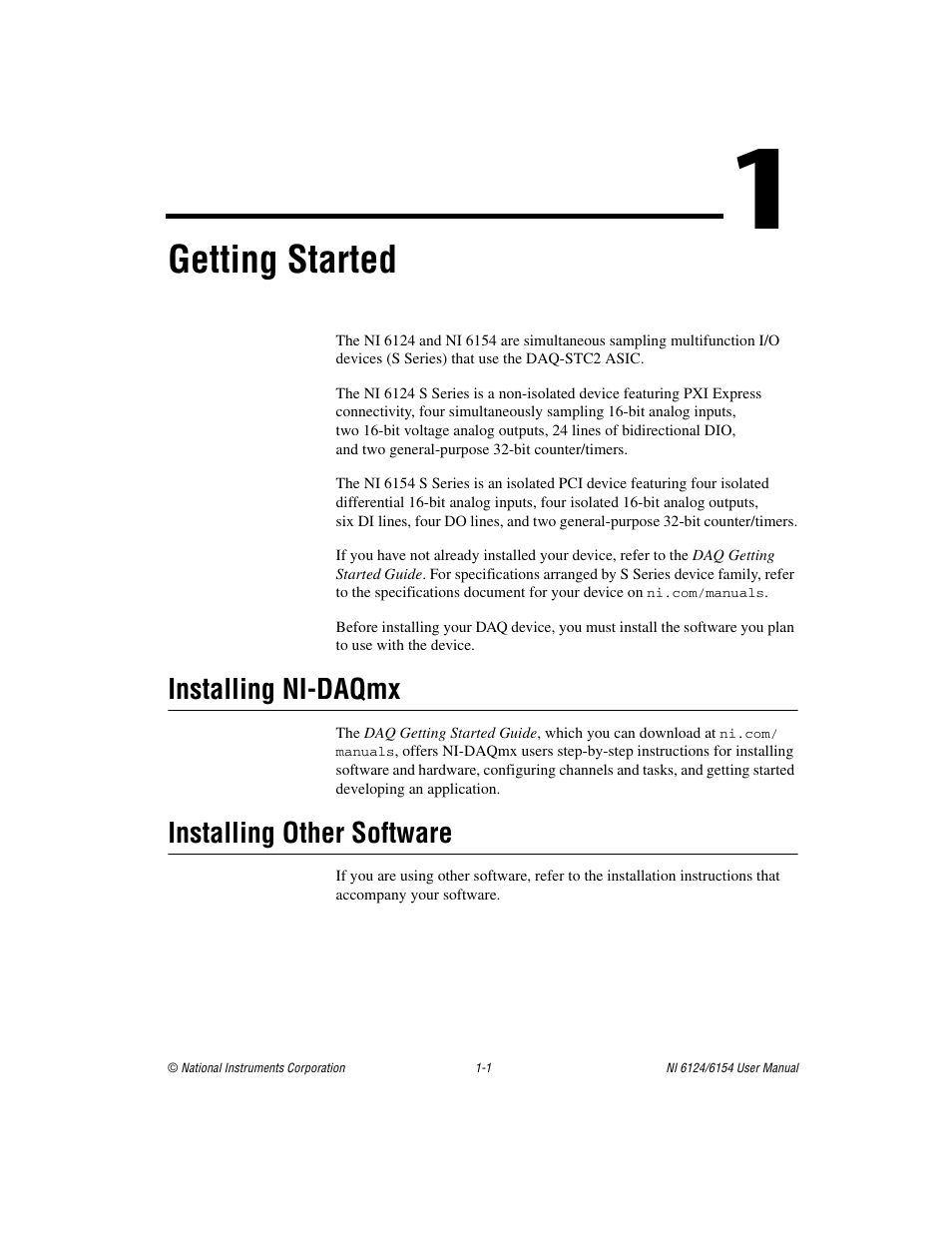 Chapter 1 getting started, Installing ni-daqmx, Installing other software | Getting started | National Instruments Network Device DAQ S User Manual | Page 16 / 173