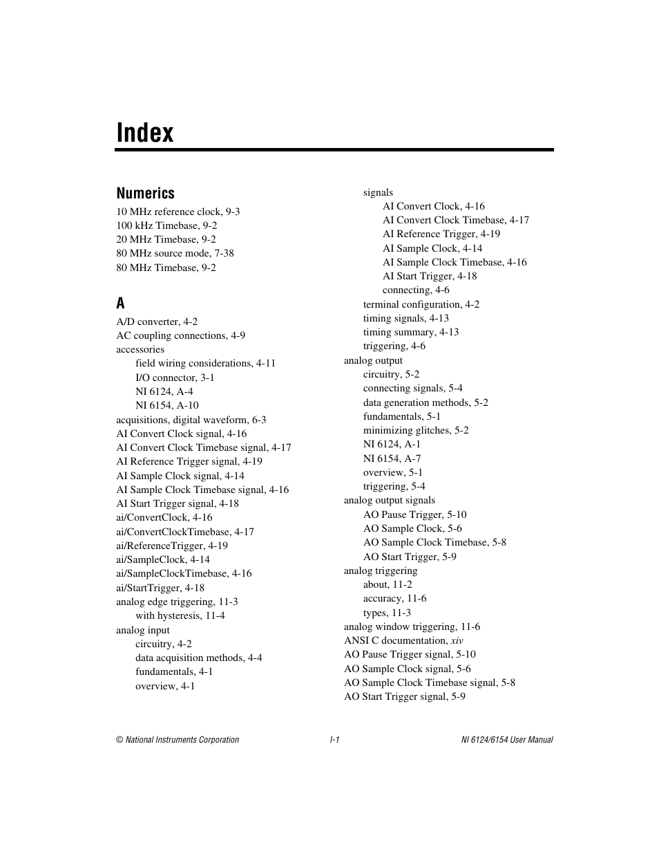 Index, Numerics | National Instruments Network Device DAQ S User Manual | Page 165 / 173