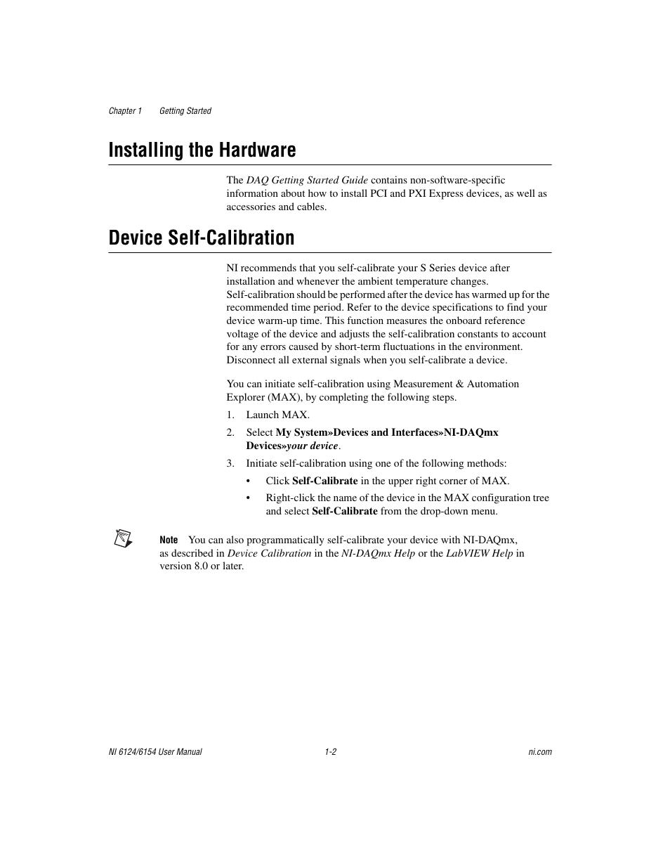 Installing the hardware, Device self-calibration | National Instruments Network Device DAQ S User Manual | Page 17 / 173