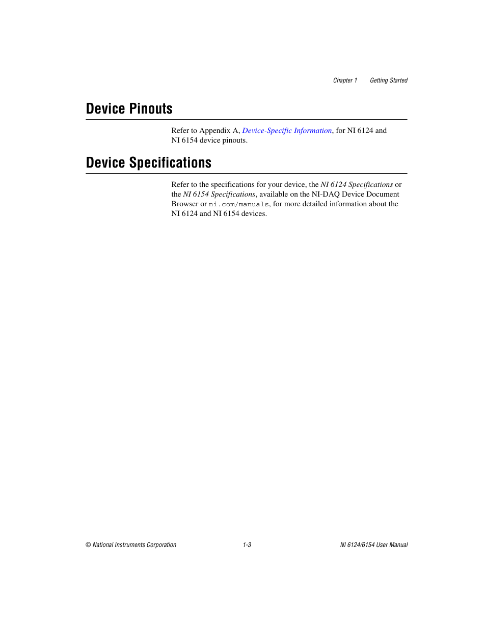 Device pinouts, Device specifications, Device pinouts -3 device specifications -3 | National Instruments Network Device DAQ S User Manual | Page 18 / 173