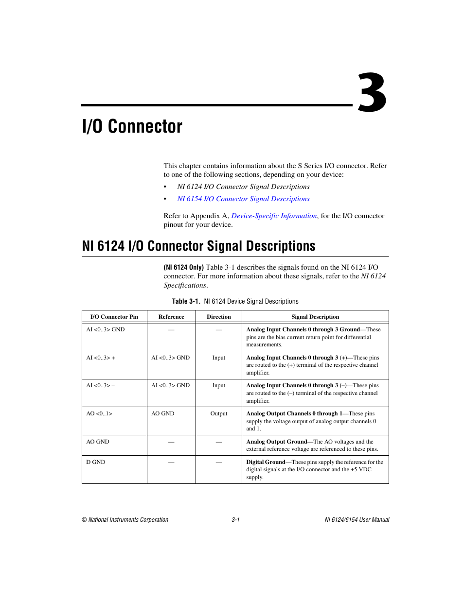 Chapter 3 i/o connector, Ni 6124 i/o connector signal descriptions, Table 3-1. ni 6124 device signal descriptions | Ni 6124 i/o connector signal descriptions -1, I/o connector | National Instruments Network Device DAQ S User Manual | Page 25 / 173