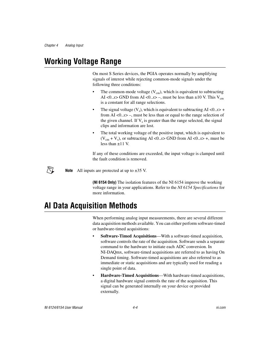 Working voltage range, Ai data acquisition methods | National Instruments Network Device DAQ S User Manual | Page 31 / 173