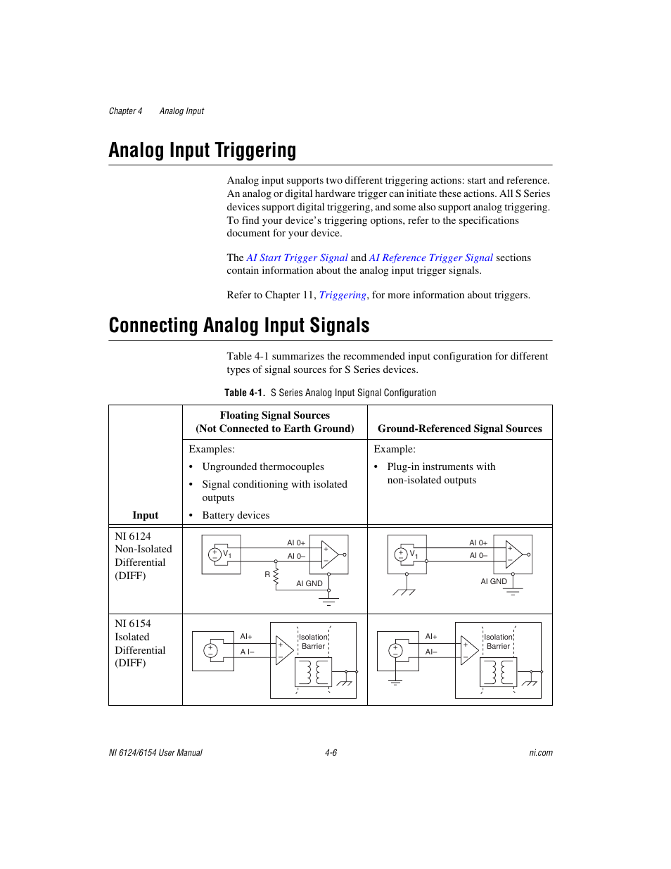 Analog input triggering, Connecting analog input signals, Analog input triggering -6 | Connecting analog input signals -6, Sectio | National Instruments Network Device DAQ S User Manual | Page 33 / 173