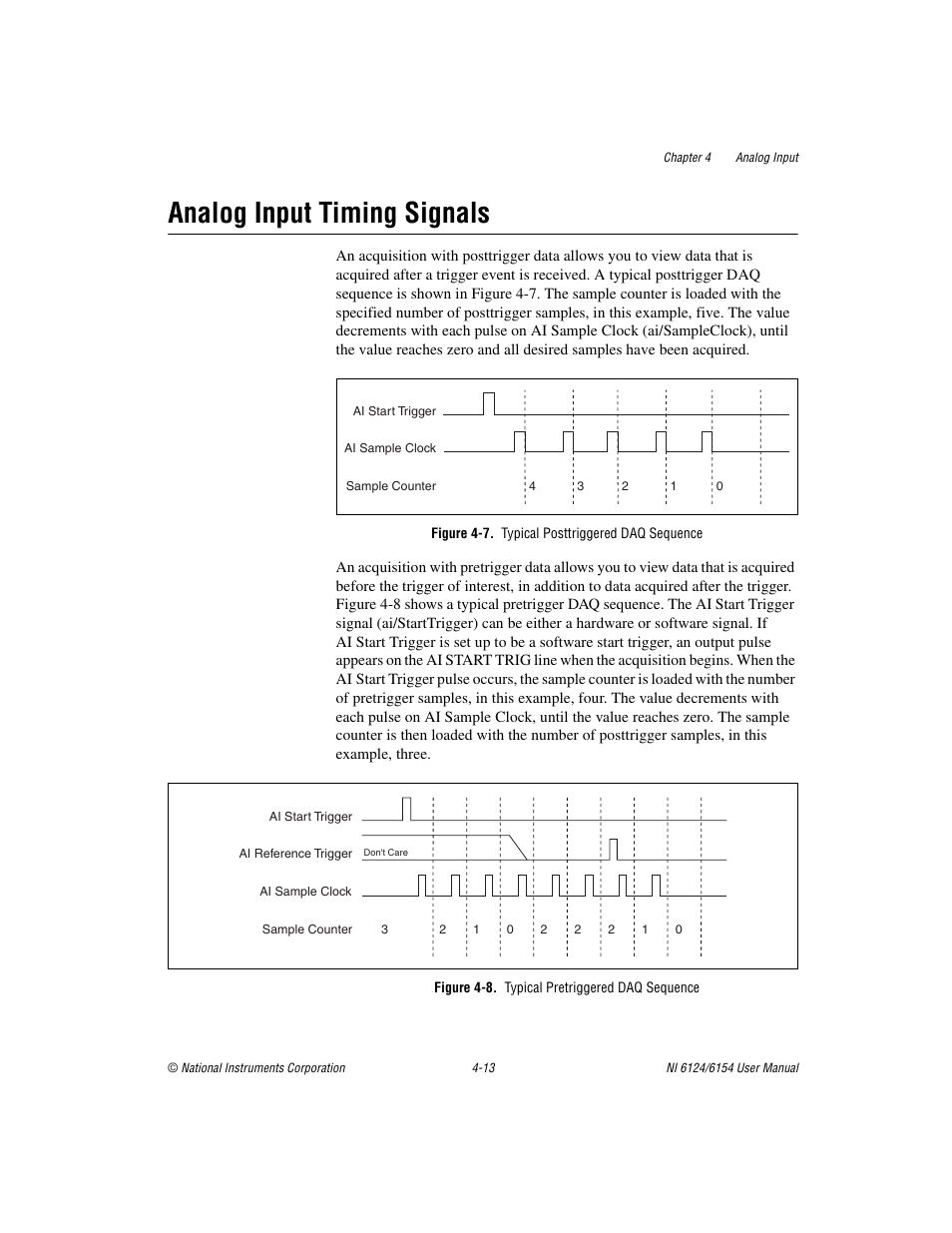 Analog input timing signals, Figure 4-7. typical posttriggered daq sequence, Figure 4-8. typical pretriggered daq sequence | Analog input timing signals -13, Analog input timing, Signals, Sectio | National Instruments Network Device DAQ S User Manual | Page 40 / 173
