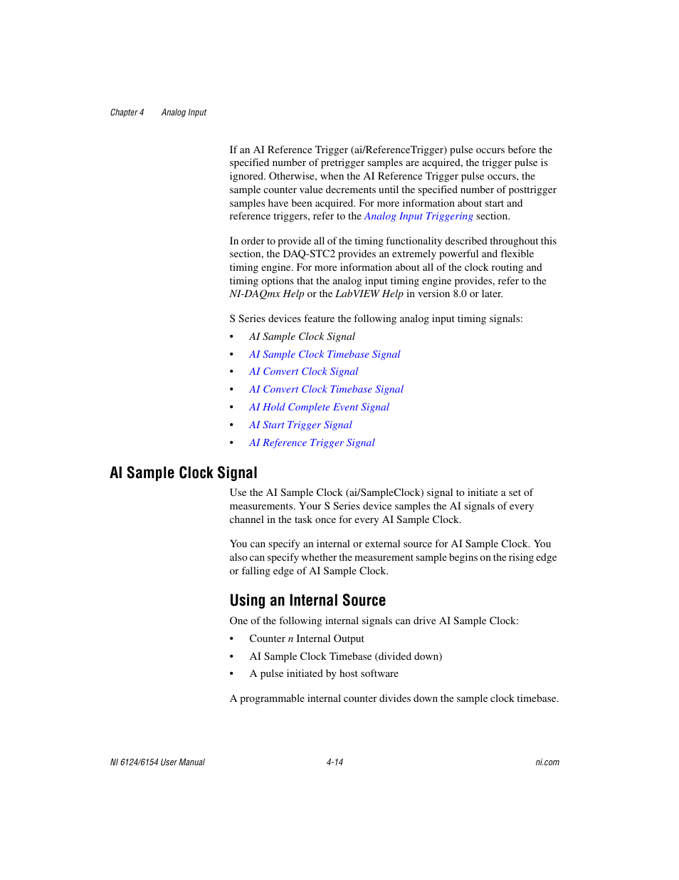 Ai sample clock signal, Using an internal source, Ai sample clock signal -14 | Using an internal source -14 | National Instruments Network Device DAQ S User Manual | Page 41 / 173