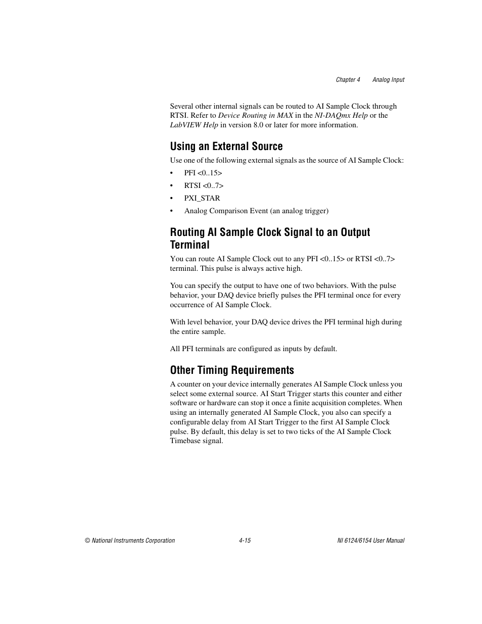 Using an external source, Other timing requirements | National Instruments Network Device DAQ S User Manual | Page 42 / 173