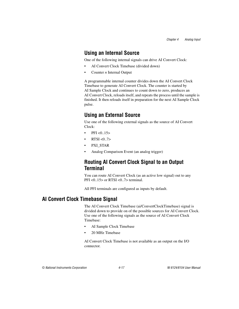 Using an internal source, Using an external source, Ai convert clock timebase signal | Ai convert clock timebase signal -17 | National Instruments Network Device DAQ S User Manual | Page 44 / 173