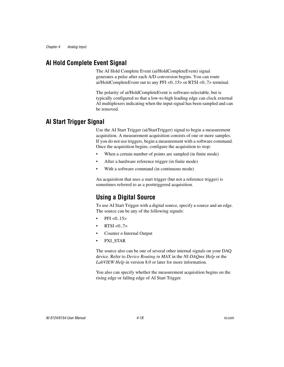 Ai hold complete event signal, Ai start trigger signal, Using a digital source | Using a digital source -18 | National Instruments Network Device DAQ S User Manual | Page 45 / 173