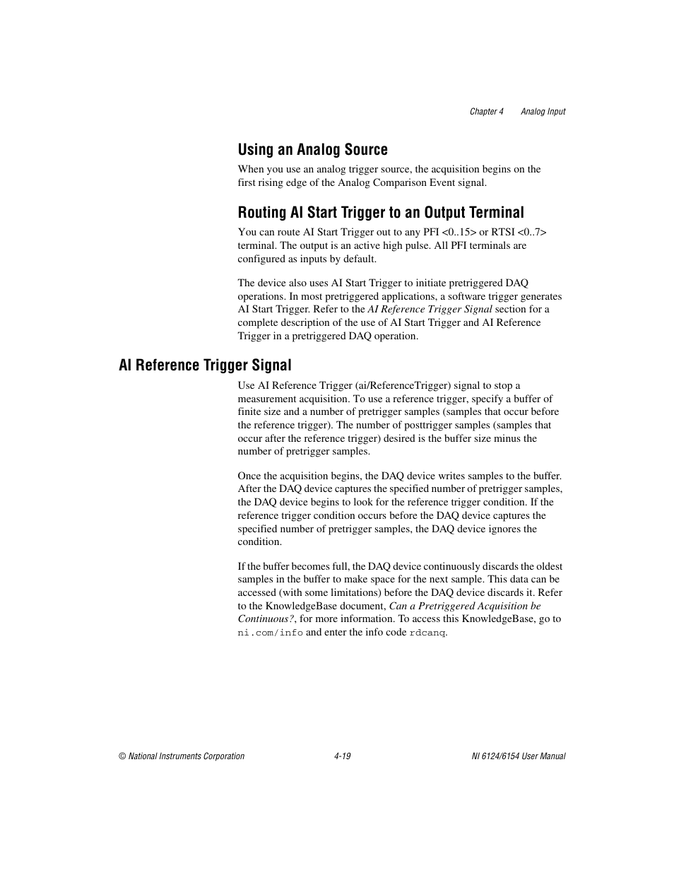 Using an analog source, Routing ai start trigger to an output terminal, Ai reference trigger signal | Ai reference trigger signal -19 | National Instruments Network Device DAQ S User Manual | Page 46 / 173