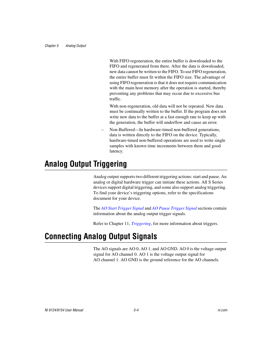 Analog output triggering, Connecting analog output signals | National Instruments Network Device DAQ S User Manual | Page 52 / 173