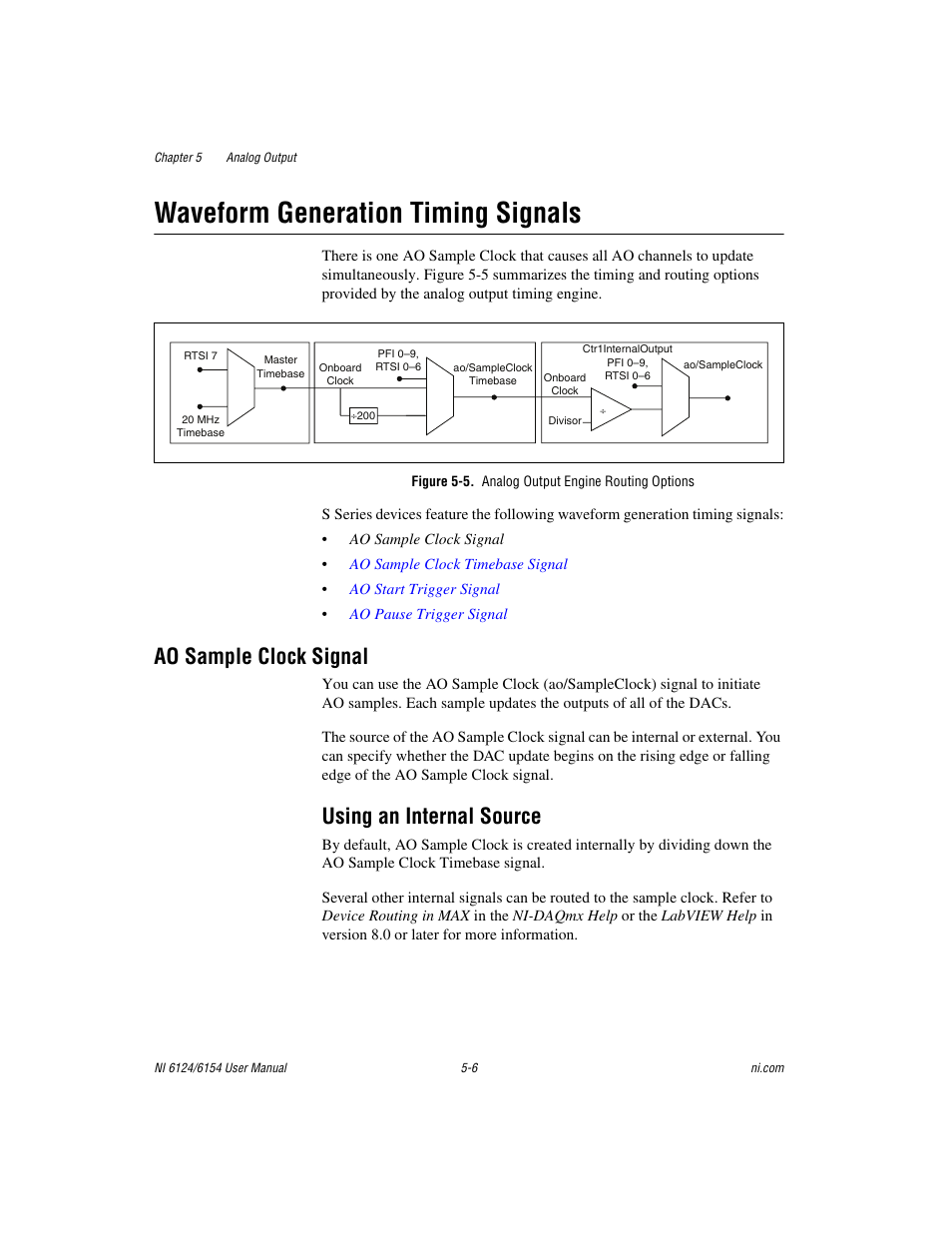 Waveform generation timing signals, Figure 5-5. analog output engine routing options, Ao sample clock signal | Using an internal source, Waveform generation timing signals -6, Ao sample clock signal -6, Using an internal source -6 | National Instruments Network Device DAQ S User Manual | Page 54 / 173