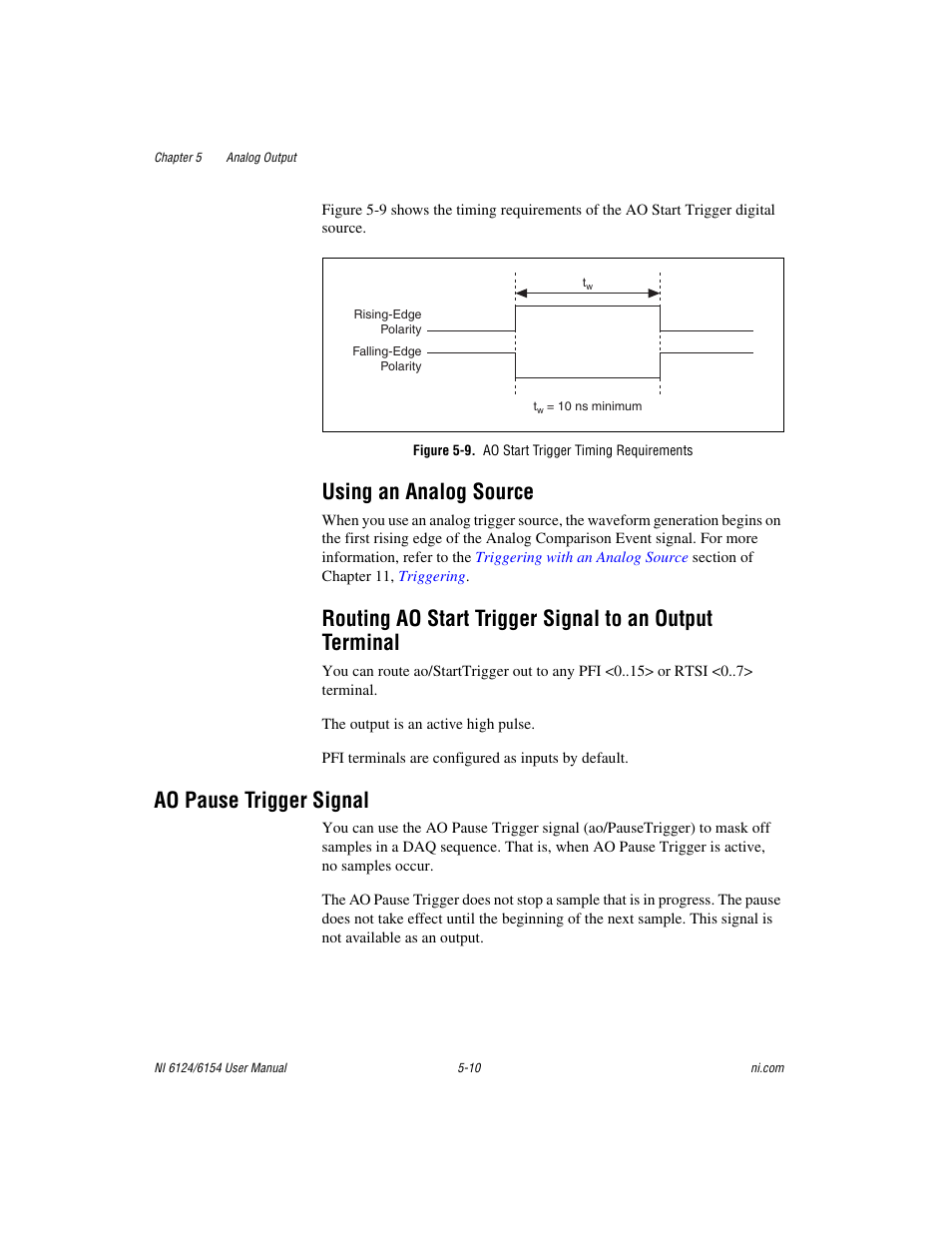 Figure 5-9. ao start trigger timing requirements, Using an analog source, Ao pause trigger signal | Ao pause trigger signal -10, Sections | National Instruments Network Device DAQ S User Manual | Page 58 / 173
