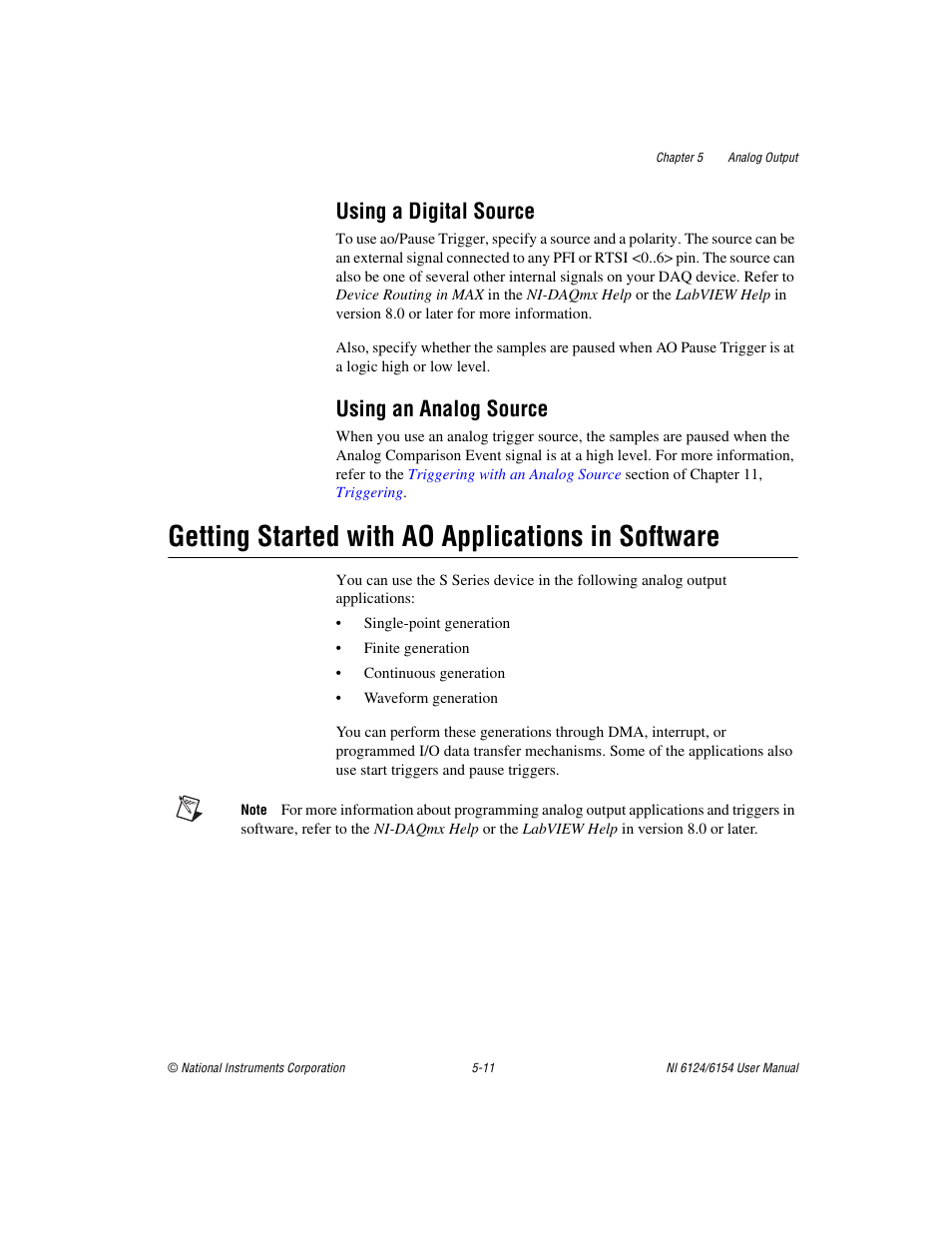 Using a digital source, Using an analog source, Getting started with ao applications in software | National Instruments Network Device DAQ S User Manual | Page 59 / 173