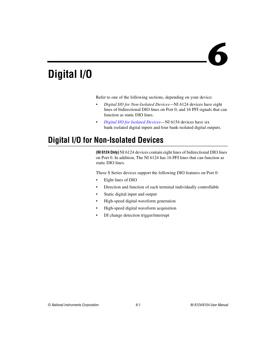 Chapter 6 digital i/o, Digital i/o for non-isolated devices, Digital i/o for non-isolated devices -1 | Digital i/o | National Instruments Network Device DAQ S User Manual | Page 60 / 173