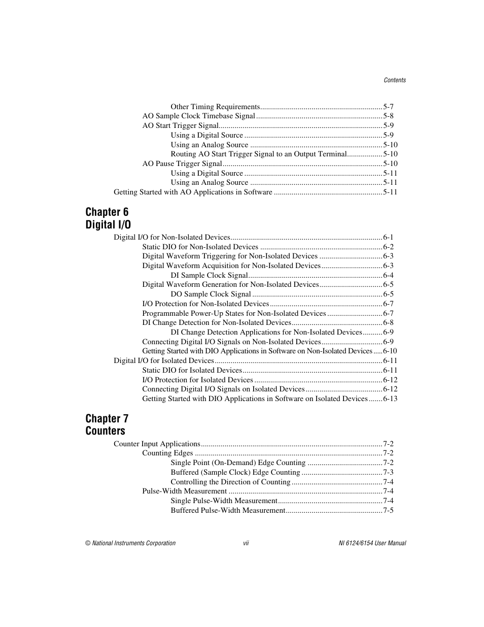 Chapter 6 digital i/o, Chapter 7 counters | National Instruments Network Device DAQ S User Manual | Page 7 / 173