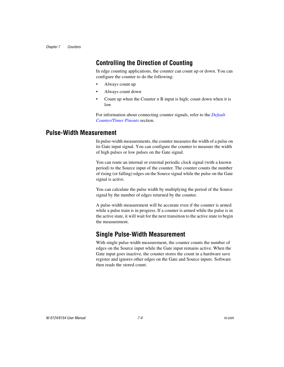 Controlling the direction of counting, Pulse-width measurement, Single pulse-width measurement | Controlling the direction of counting -4, Pulse-width measurement -4, Single pulse-width measurement -4 | National Instruments Network Device DAQ S User Manual | Page 76 / 173