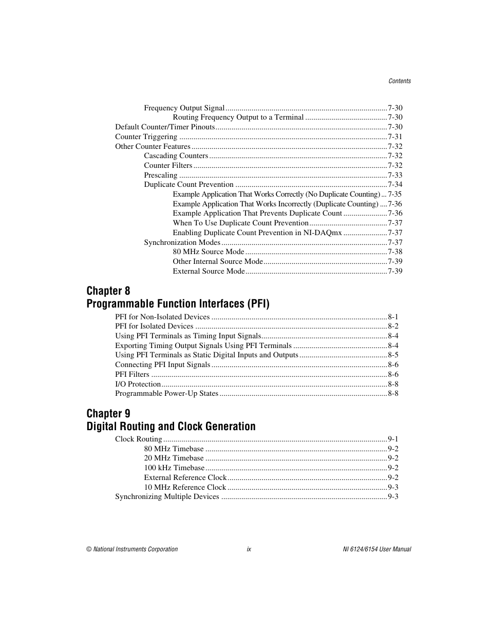 Chapter 8 programmable function interfaces (pfi), Chapter 9 digital routing and clock generation | National Instruments Network Device DAQ S User Manual | Page 9 / 173