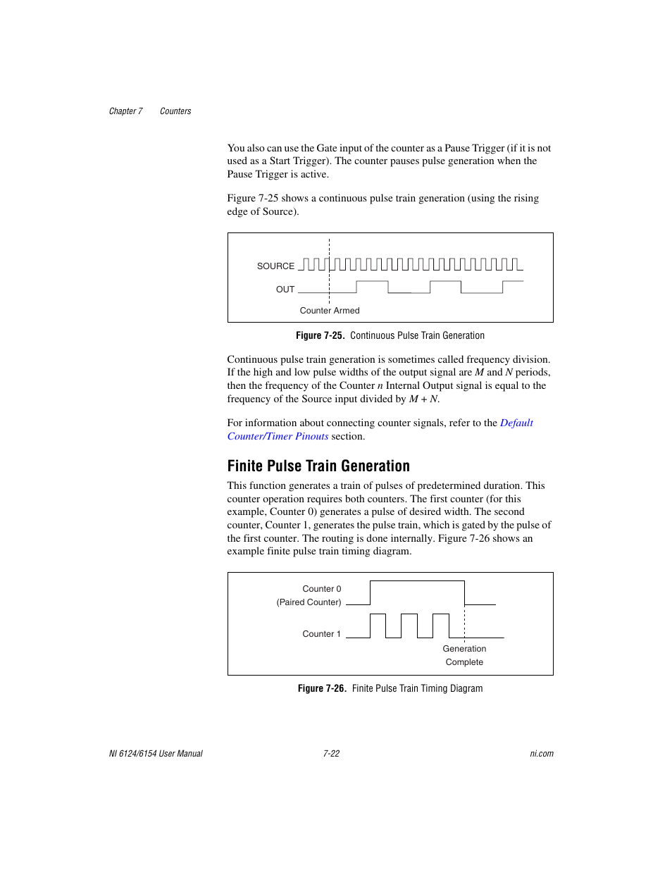 Figure 7-25. continuous pulse train generation, Finite pulse train generation, Figure 7-26. finite pulse train timing diagram | Finite pulse train generation -22 | National Instruments Network Device DAQ S User Manual | Page 94 / 173
