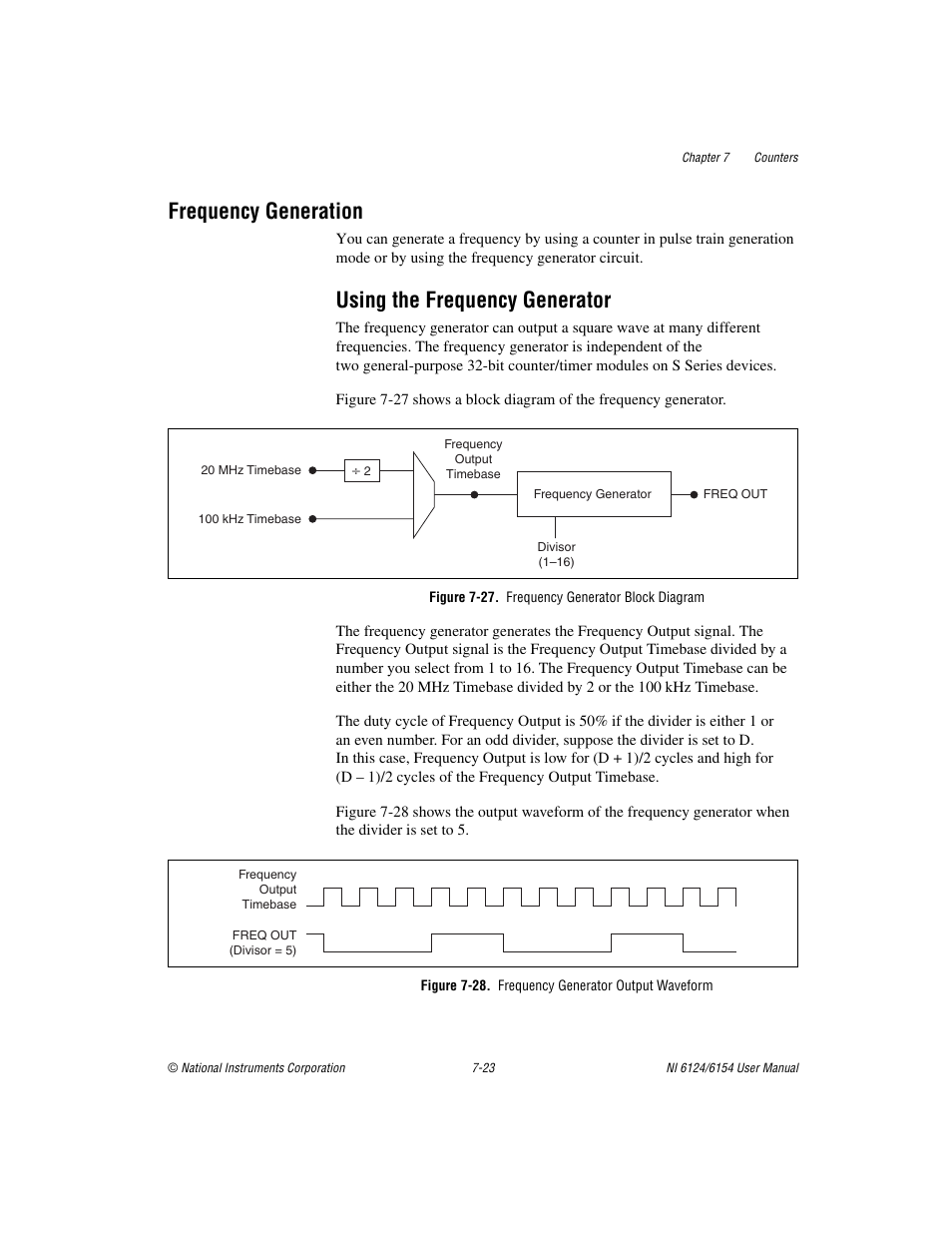 Frequency generation, Using the frequency generator, Figure 7-27. frequency generator block diagram | Figure 7-28. frequency generator output waveform, Frequency generation -23, Using the frequency generator -23 | National Instruments Network Device DAQ S User Manual | Page 95 / 173