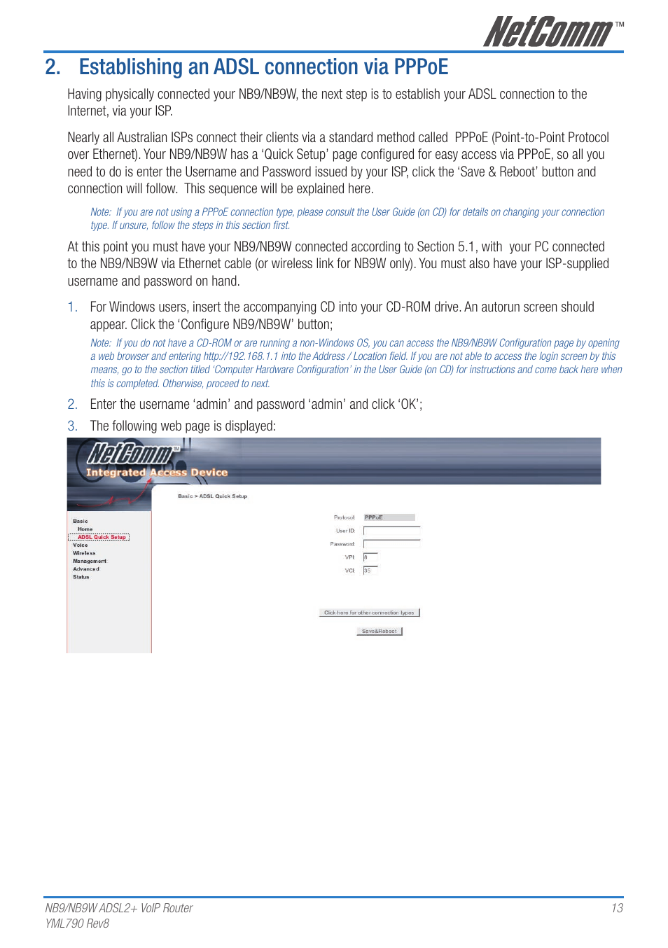 Establishing an adsl connection via pppoe | Netcom NB9 User Manual | Page 13 / 84