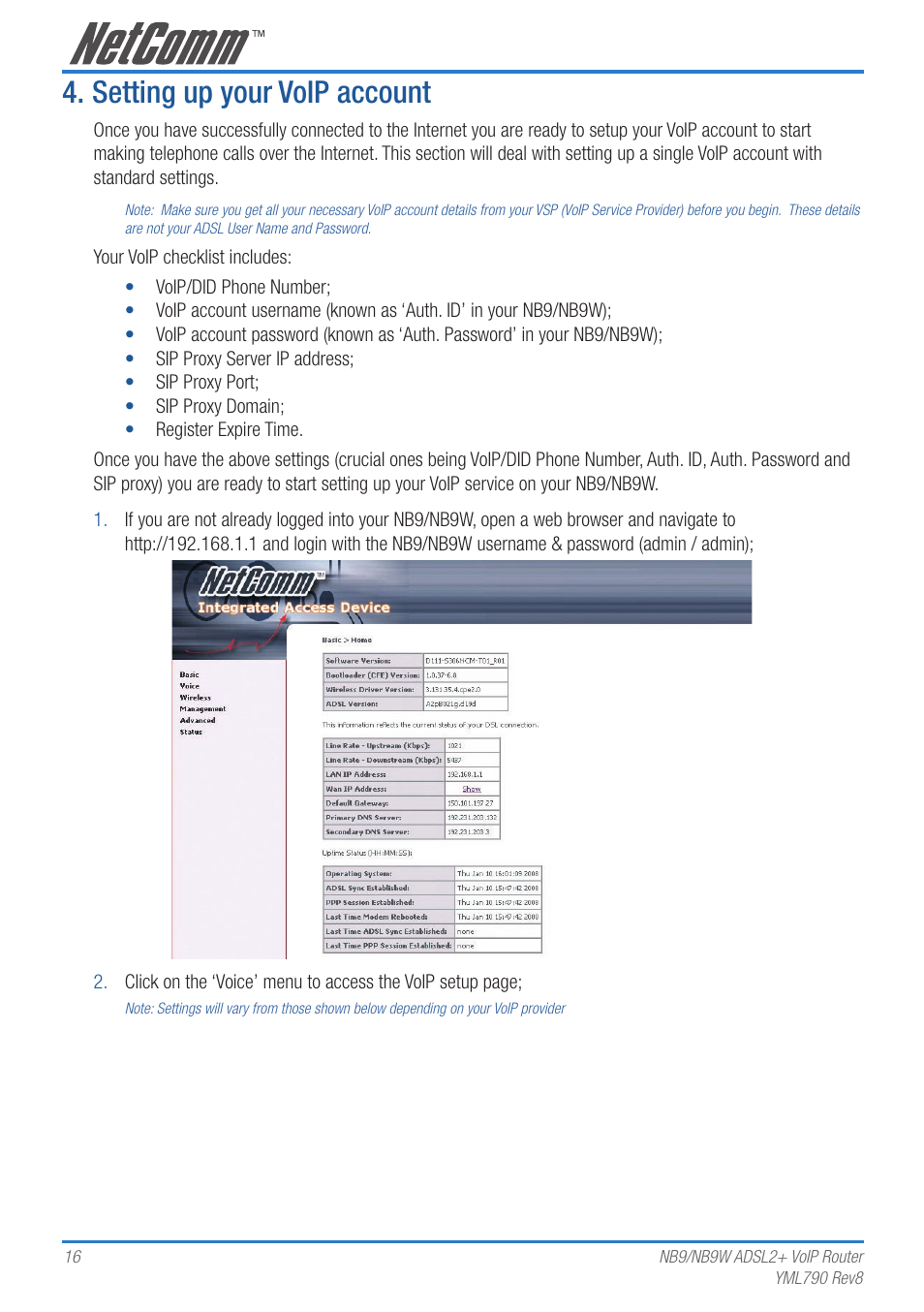 Setting up your voip account | Netcom NB9 User Manual | Page 16 / 84