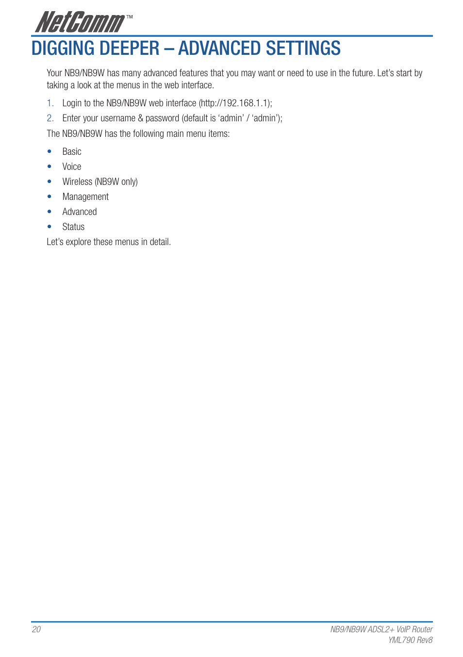 Digging deeper – advanced settings | Netcom NB9 User Manual | Page 20 / 84