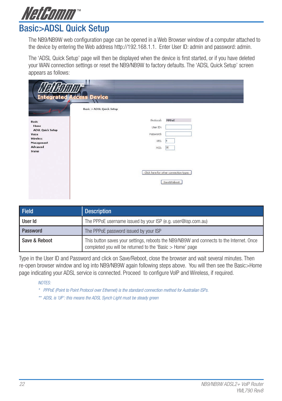 Basic>adsl quick setup | Netcom NB9 User Manual | Page 22 / 84