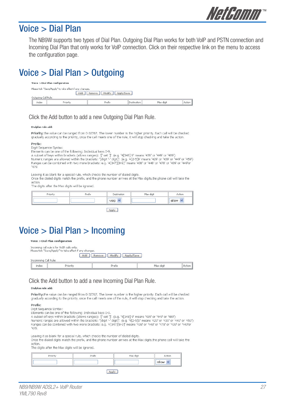 Voice > dial plan, Voice > dial plan > outgoing, Voice > dial plan > incoming | Netcom NB9 User Manual | Page 27 / 84