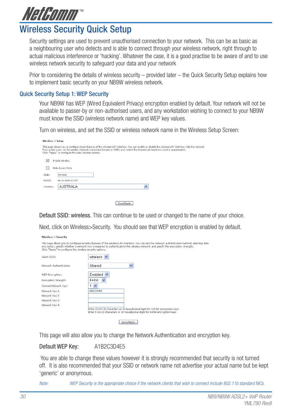 Wireless security quick setup | Netcom NB9 User Manual | Page 30 / 84