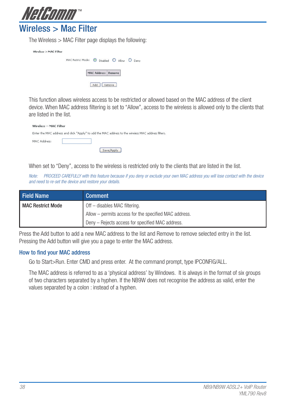 Wireless > mac filter | Netcom NB9 User Manual | Page 38 / 84