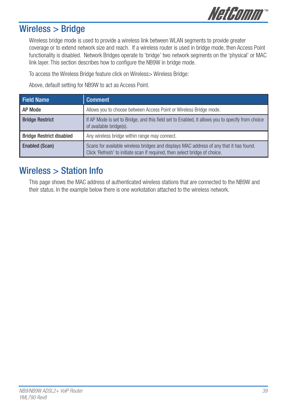 Wireless > bridge, Wireless > station info | Netcom NB9 User Manual | Page 39 / 84