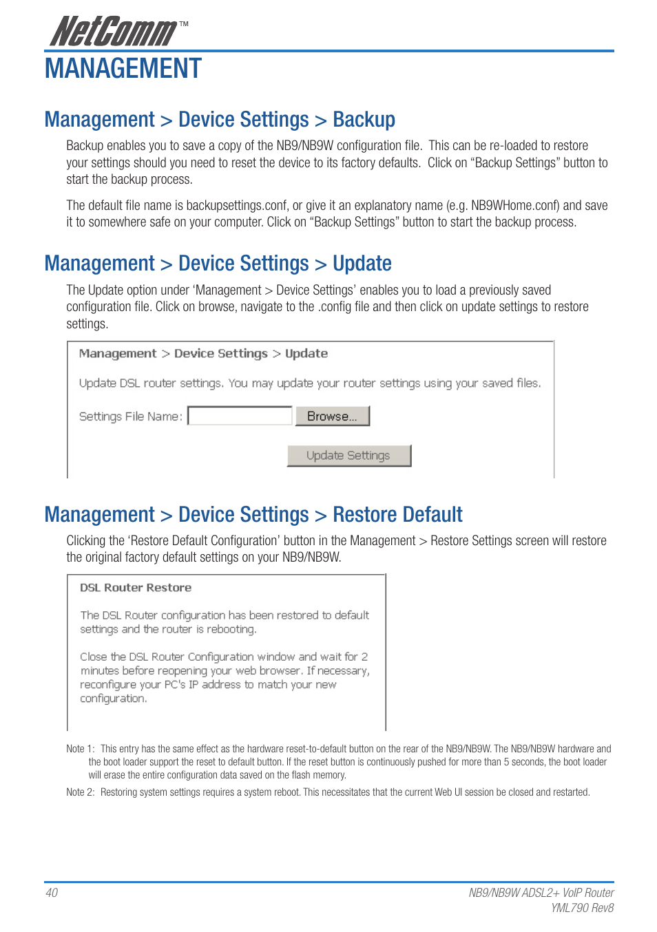 Management, Management > device settings > backup, Management > device settings > update | Management > device settings > restore default | Netcom NB9 User Manual | Page 40 / 84