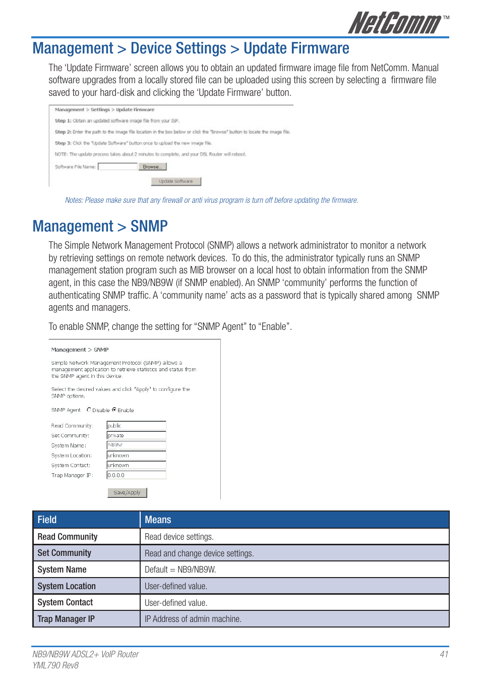 Management > device settings > update firmware, Management > snmp | Netcom NB9 User Manual | Page 41 / 84