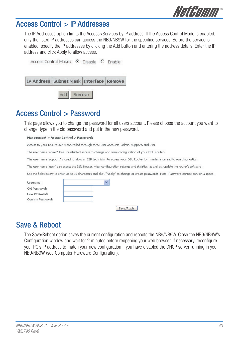 Access control > ip addresses, Access control > password, Save & reboot | Netcom NB9 User Manual | Page 43 / 84