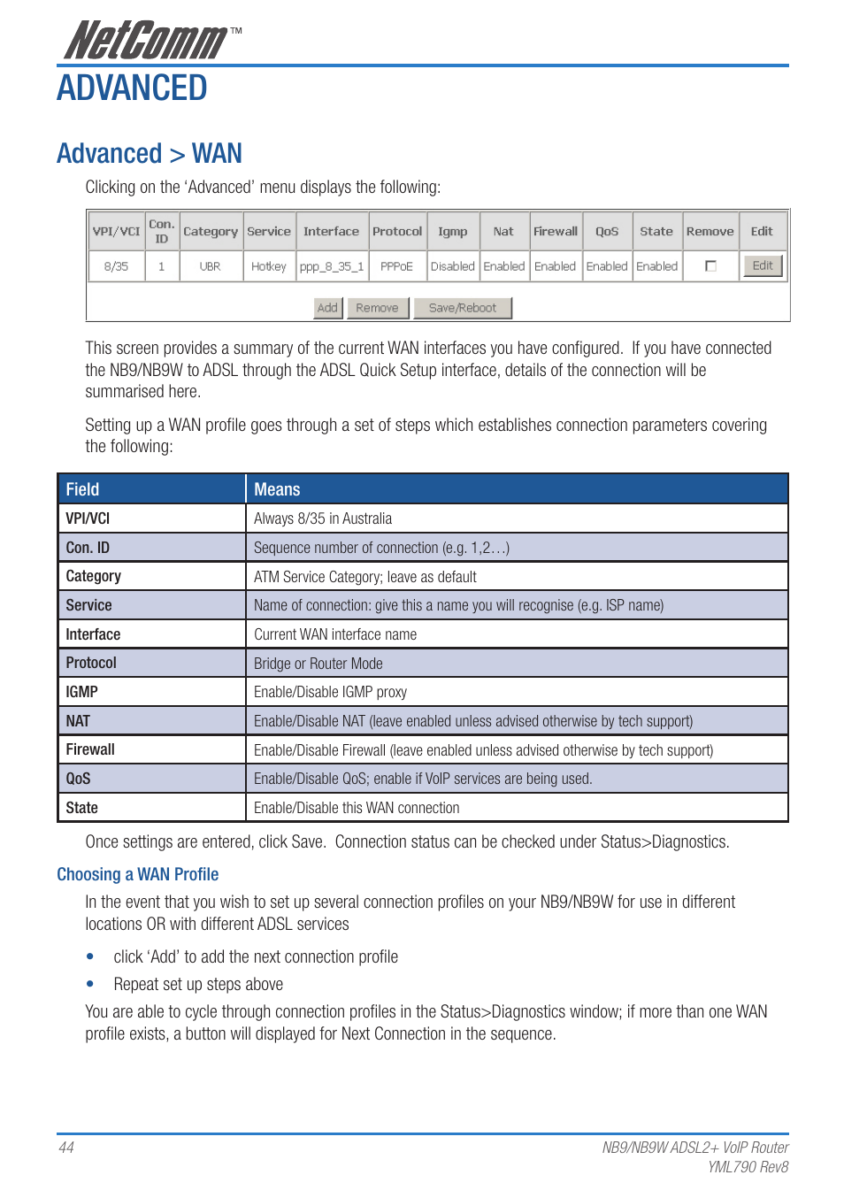 Advanced, Advanced > wan | Netcom NB9 User Manual | Page 44 / 84