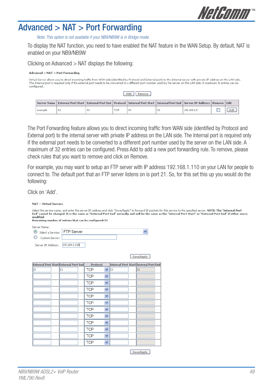 Advanced > nat > port forwarding | Netcom NB9 User Manual | Page 49 / 84