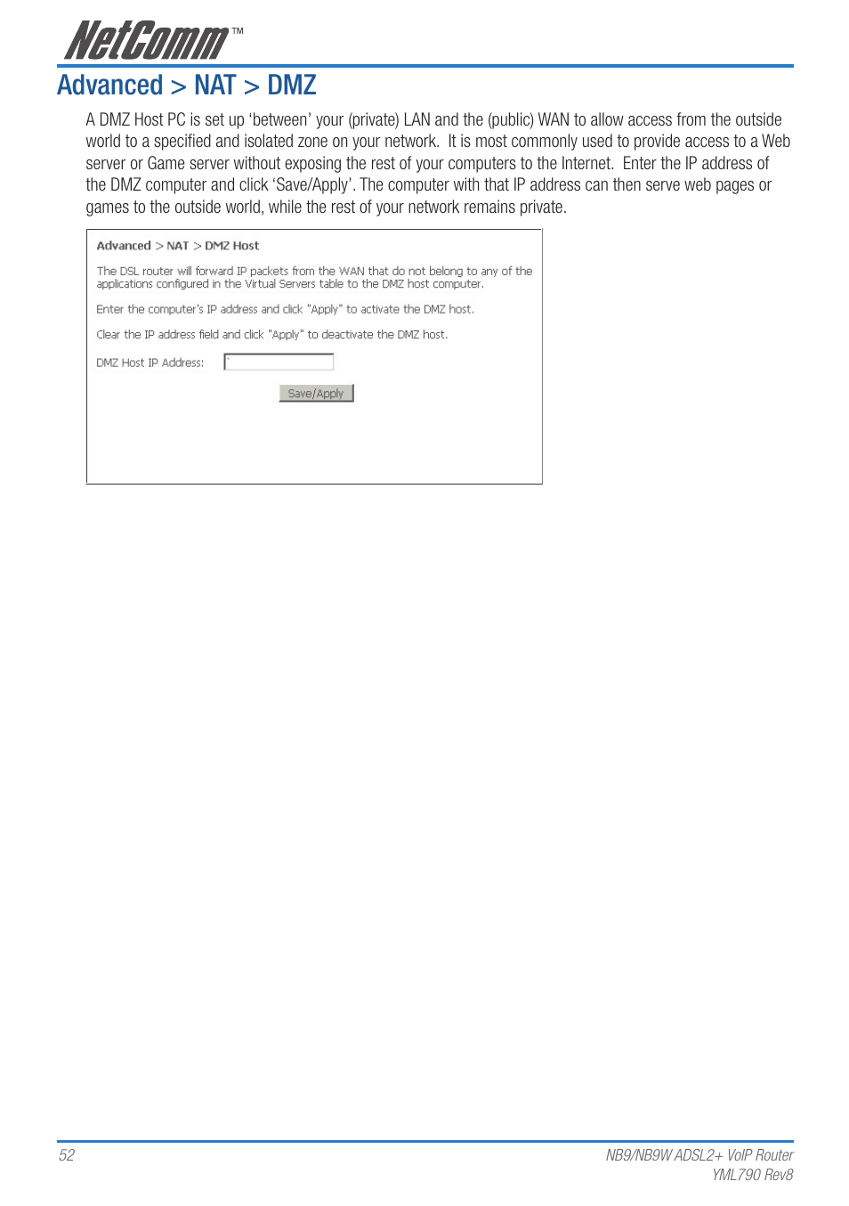 Advanced > nat > dmz | Netcom NB9 User Manual | Page 52 / 84