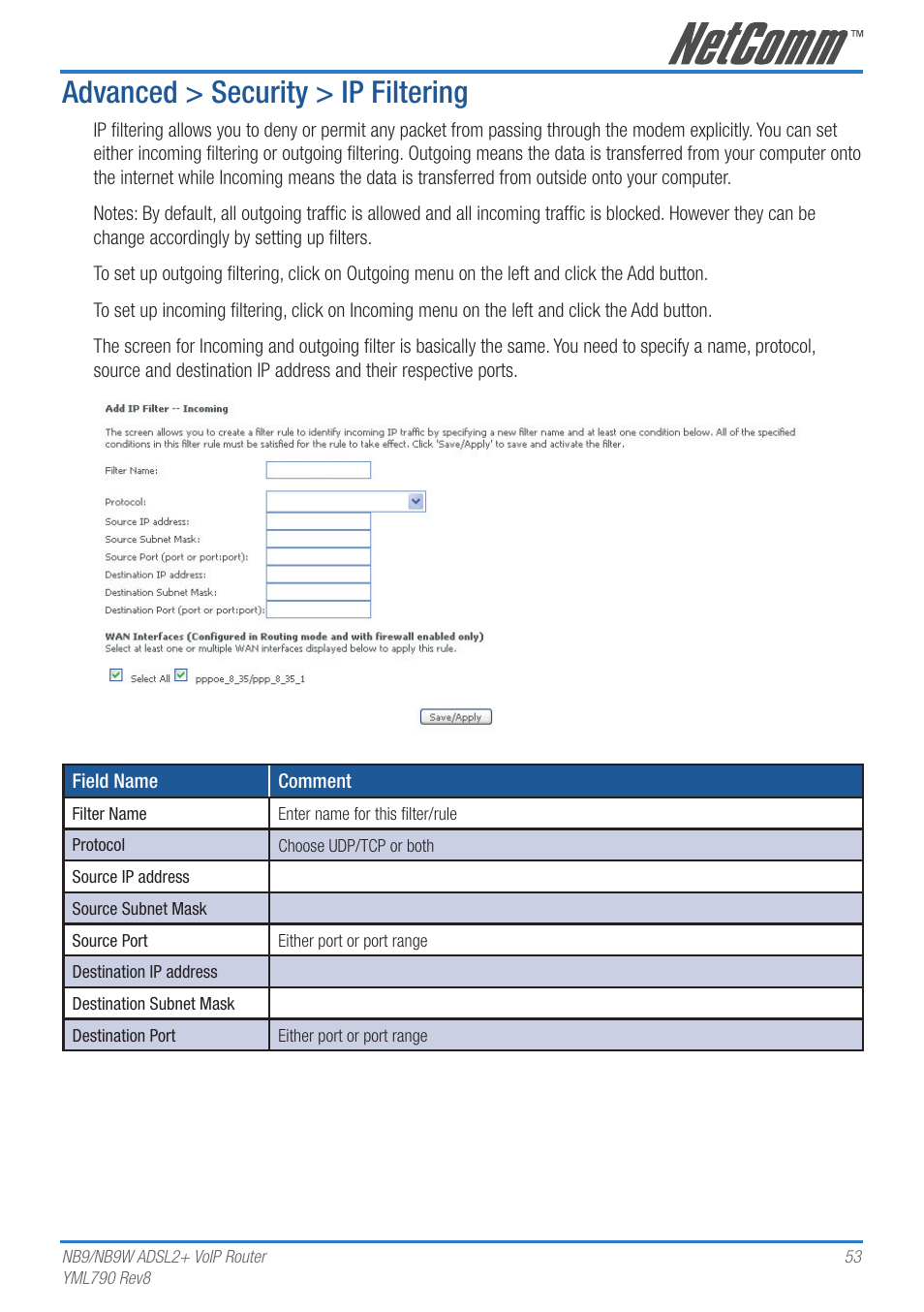 Advanced > security > ip filtering | Netcom NB9 User Manual | Page 53 / 84