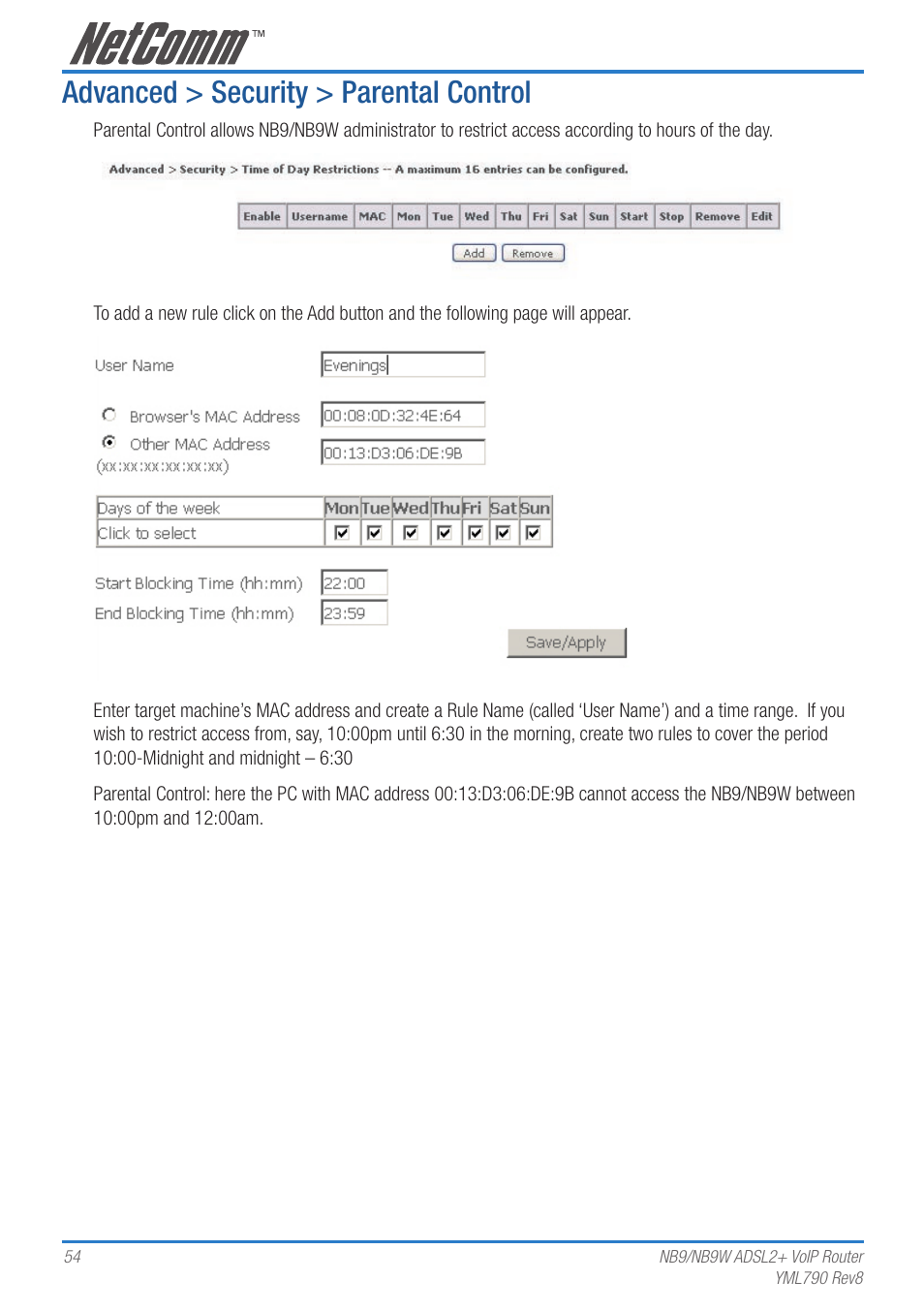 Advanced > security > parental control | Netcom NB9 User Manual | Page 54 / 84