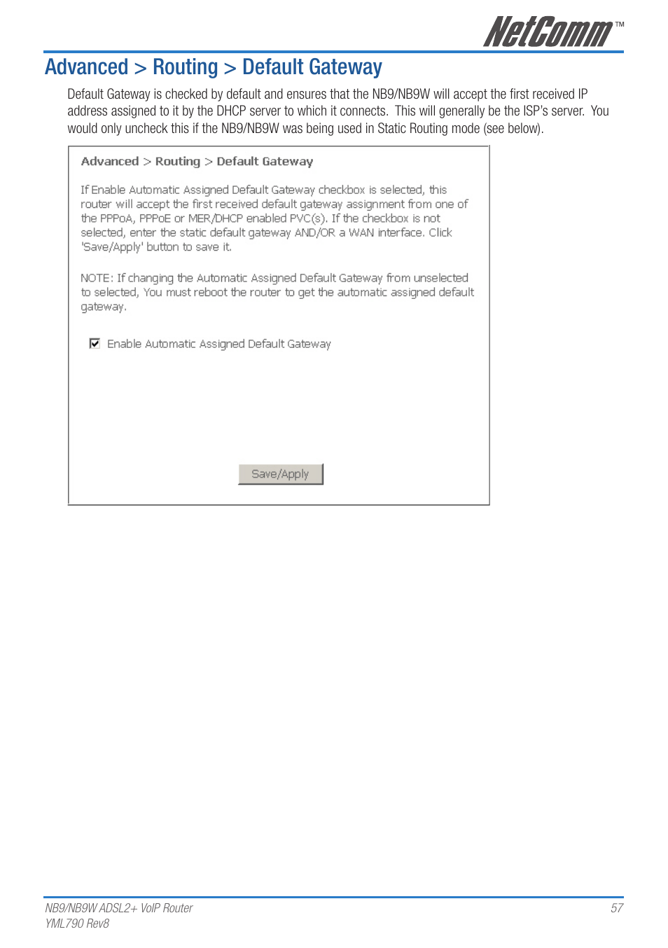 Advanced > routing > default gateway | Netcom NB9 User Manual | Page 57 / 84