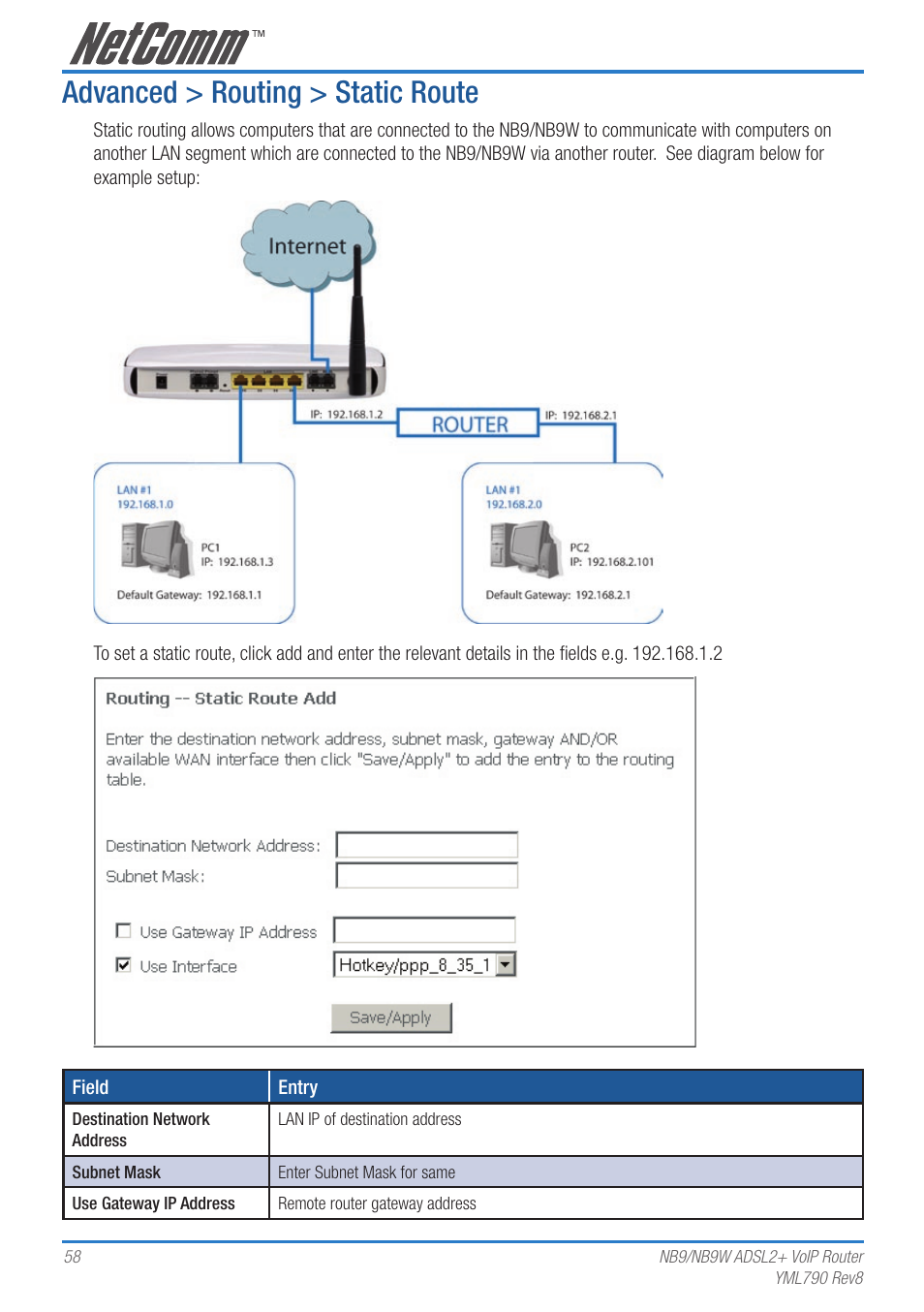 Advanced > routing > static route | Netcom NB9 User Manual | Page 58 / 84