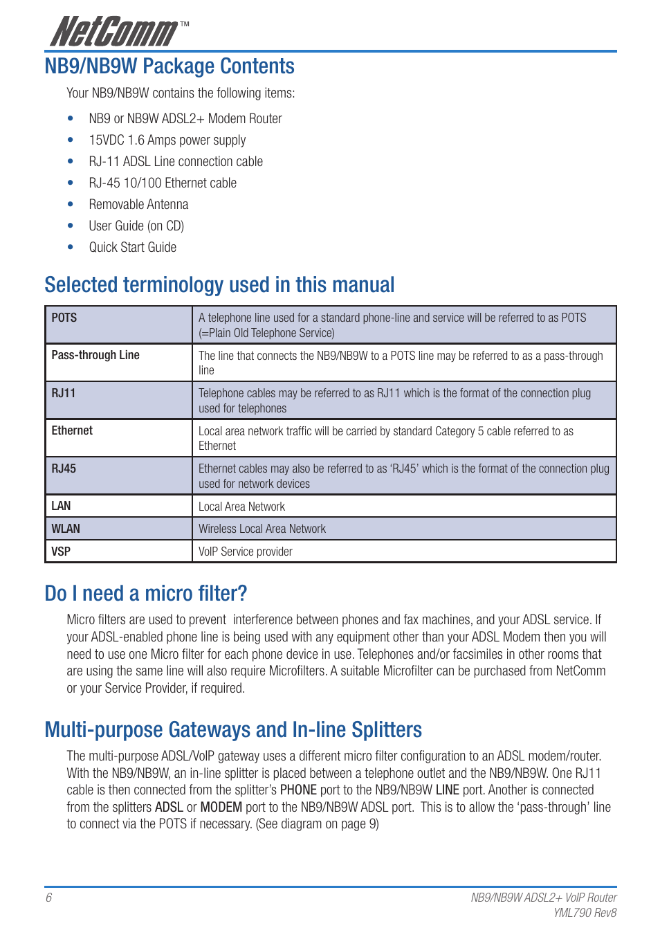 Nb9/nb9w package contents, Selected terminology used in this manual, Do i need a micro filter | Multi-purpose gateways and in-line splitters | Netcom NB9 User Manual | Page 6 / 84