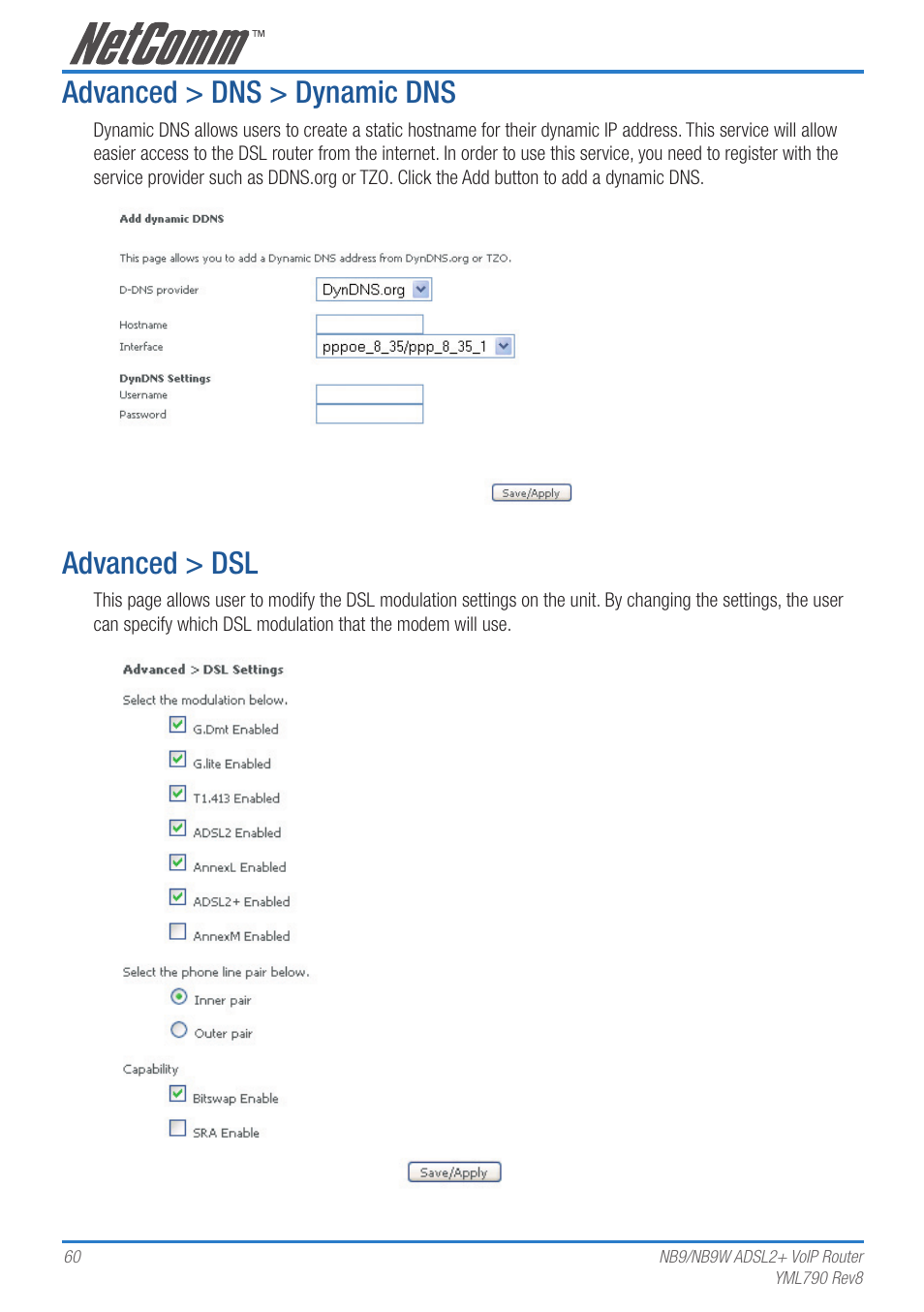 Advanced > dns > dynamic dns, Advanced > dsl | Netcom NB9 User Manual | Page 60 / 84