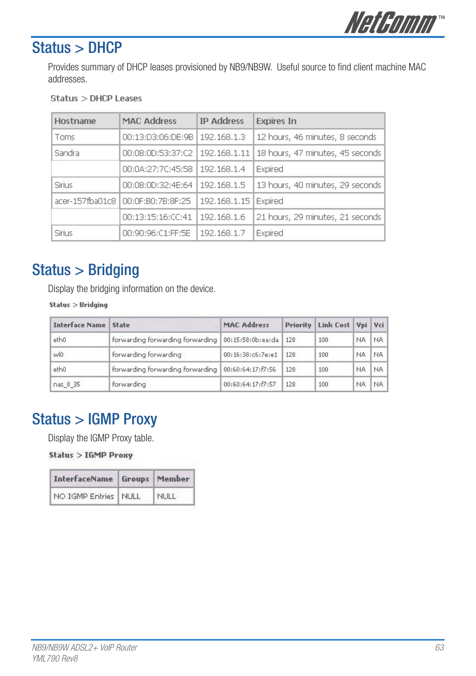 Status > dhcp, Status > bridging, Status > igmp proxy | Netcom NB9 User Manual | Page 63 / 84
