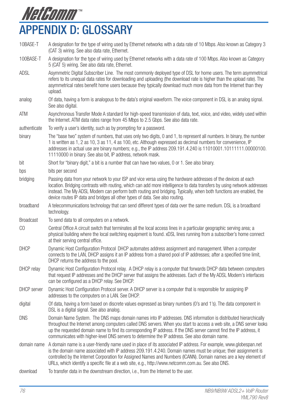Appendix d: glossary | Netcom NB9 User Manual | Page 76 / 84